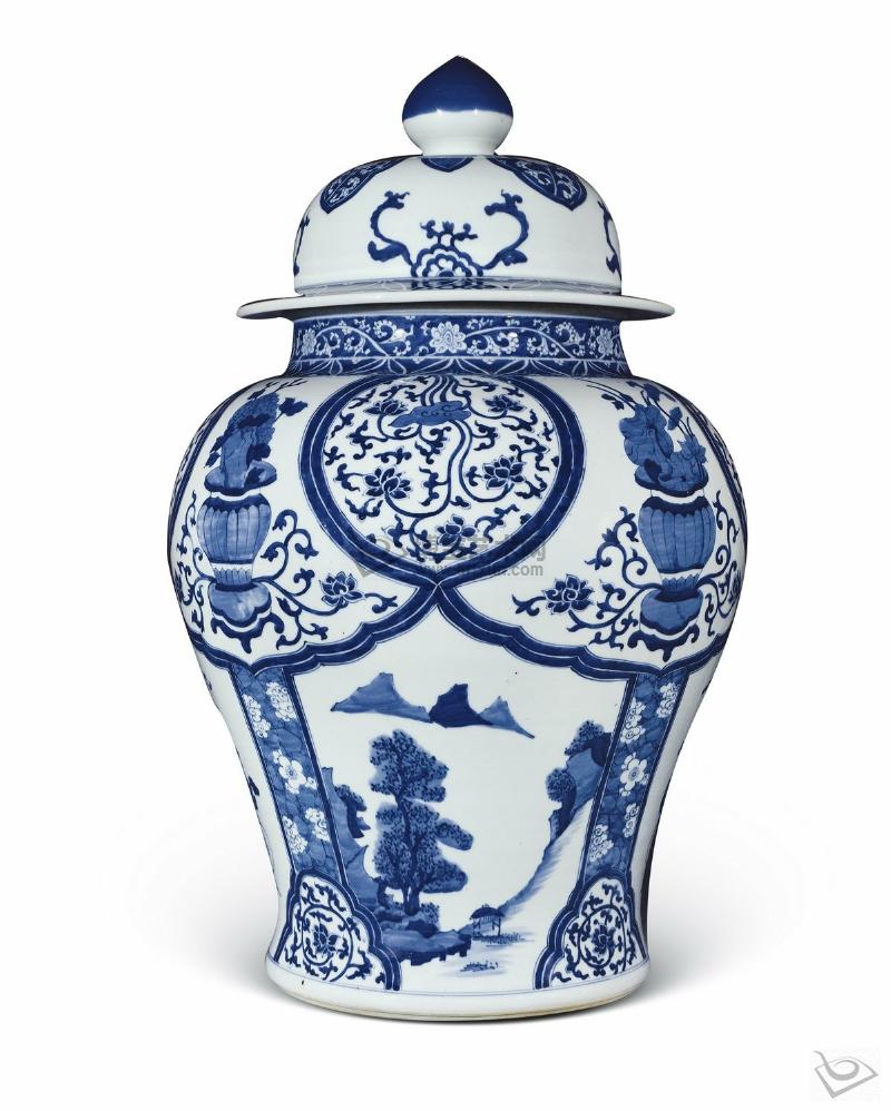 清康熙 青花花卉山水圖特大將軍罐